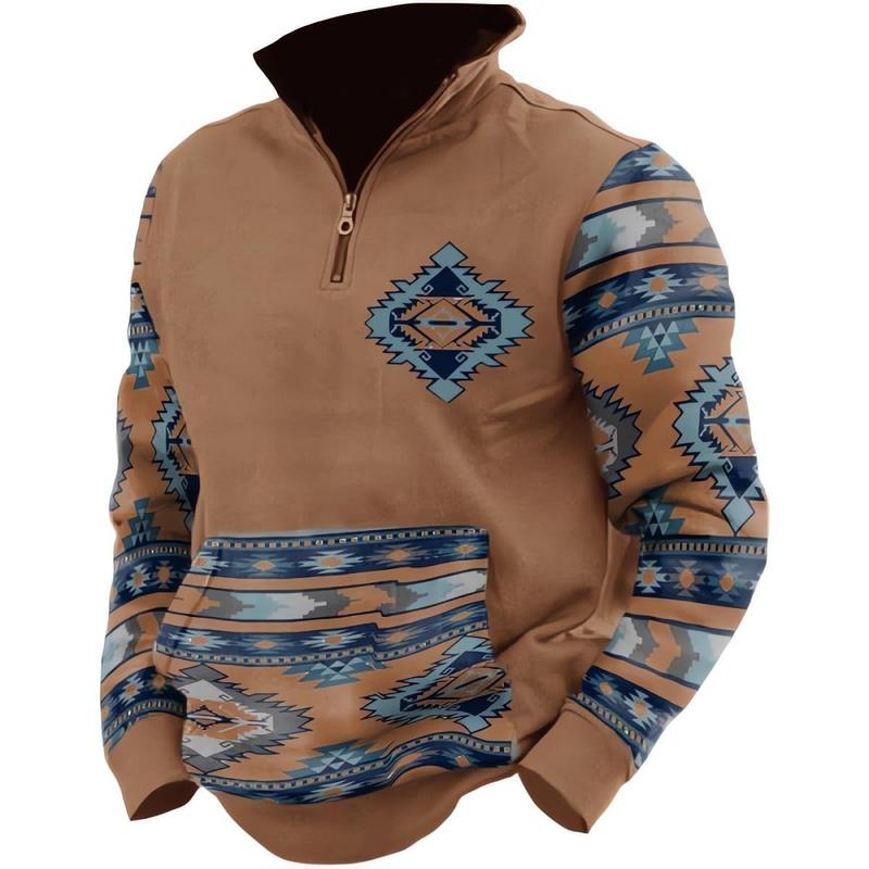 Aztec Cowboy Mens Hoodie Vintage Graphic Western Hoodies for Men Casual Long Sleeve Half Zip Pullover with Pocket Menswear Stylish