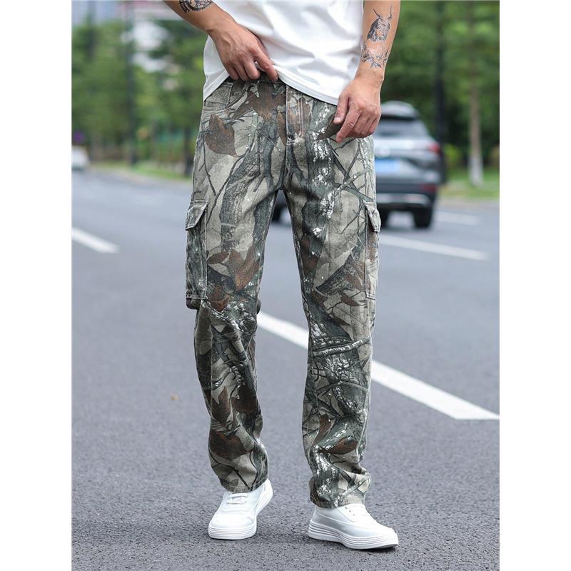 Camo Jeans Gents Men Allover Print Zipper Fly Cargo Jeans Denim Menswear Long Straight Trouser Pants