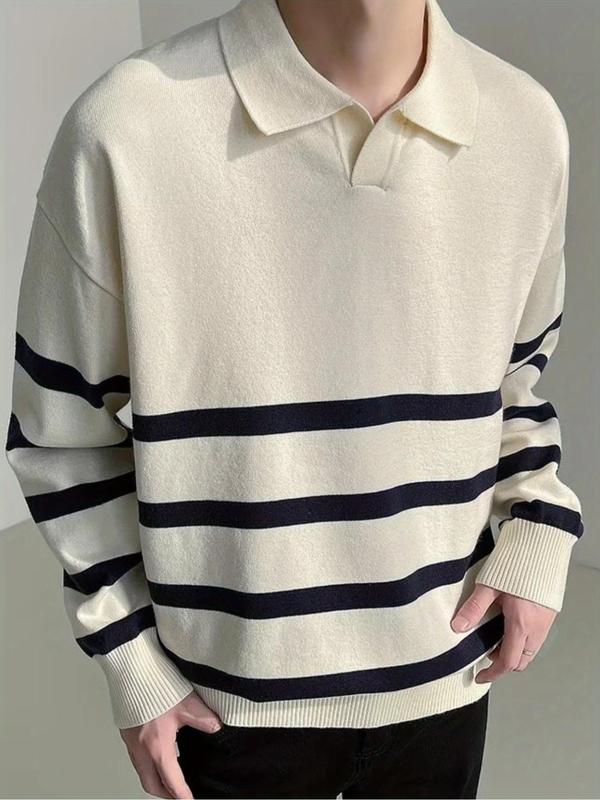 Men's Striped Print Polo Shirt, Loose Casual Long Sleeve Collared Shirt for Fall & Winter, Men's Knitwear for Daily Wear