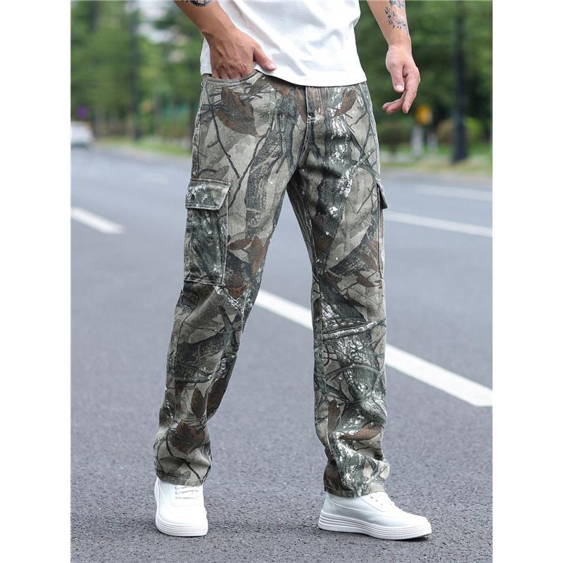 Camo Jeans Gents Men Allover Print Zipper Fly Cargo Jeans Denim Menswear Long Straight Trouser Pants