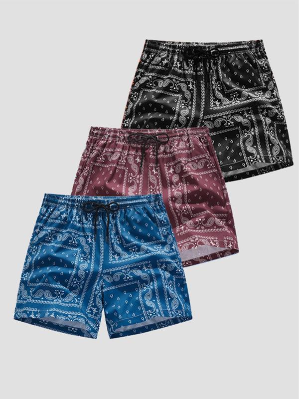 Men's Paisley Print Drawstring Waist Shorts Set, Summer Clothes for Men, Back To School Outfits, Boho Casual Pocket Elastic Waist Beach Shorts, Summer Bottoms for Men, Menswear, Shorts for Men, Summer Outfits 2024