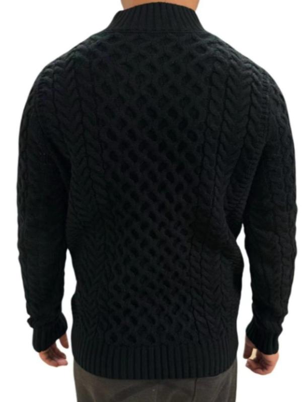 Men's Solid Textured Button Front Polo Neck Cable Knit Jumper, Regular Fit Casual Long Sleeve Jumper for Fall & Winter, Men's Knitwear for Daily Wear