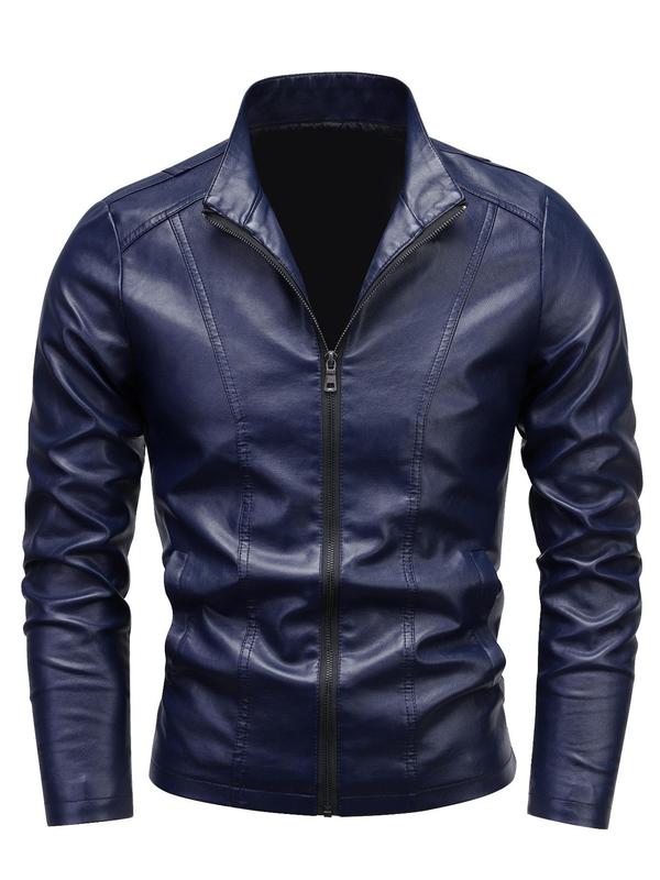 Men's Regular Fit Solid Pocket Zipper High Neck Pu Leather Jackets, Fashion Casual Long Sleeve Outerwear for Outdoor Wear, Men Cloths for All Seasons, Men Designer Jacket, Men's Clothing