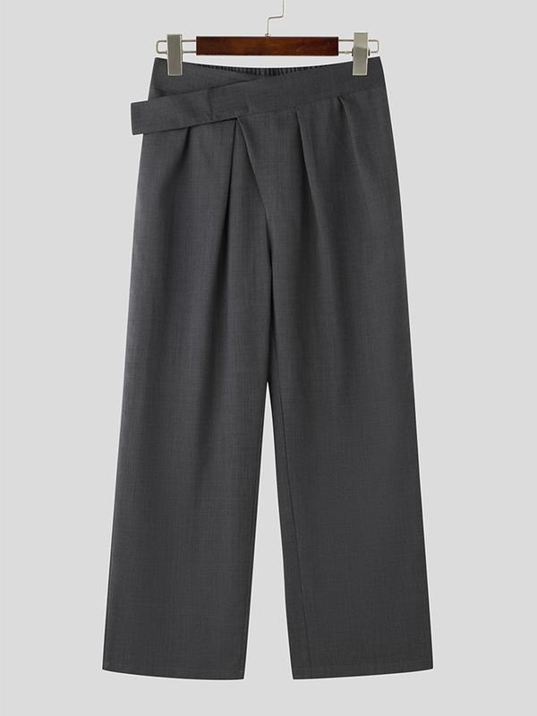 Men's Solid Plicated Wide Leg Pants, Loose Casual Comfy Pocket Trousers for Daily Wear, Woven Bottoms for All Seasons