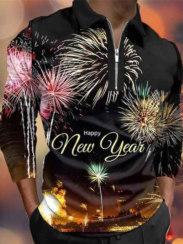 Men's Regular Fit Firework Print Zip Up Polo Shirt, Casual Long Sleeve Collared Top for Fall & Winter, Men's Clothes for Daily Wear