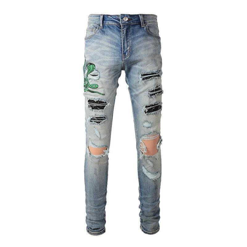 Men's Punk Embroidered Snake Patchwork Snake Leather Holes Jeans Street Hip Hop Jeans Designer Ripped Fashion Slim Black Pant