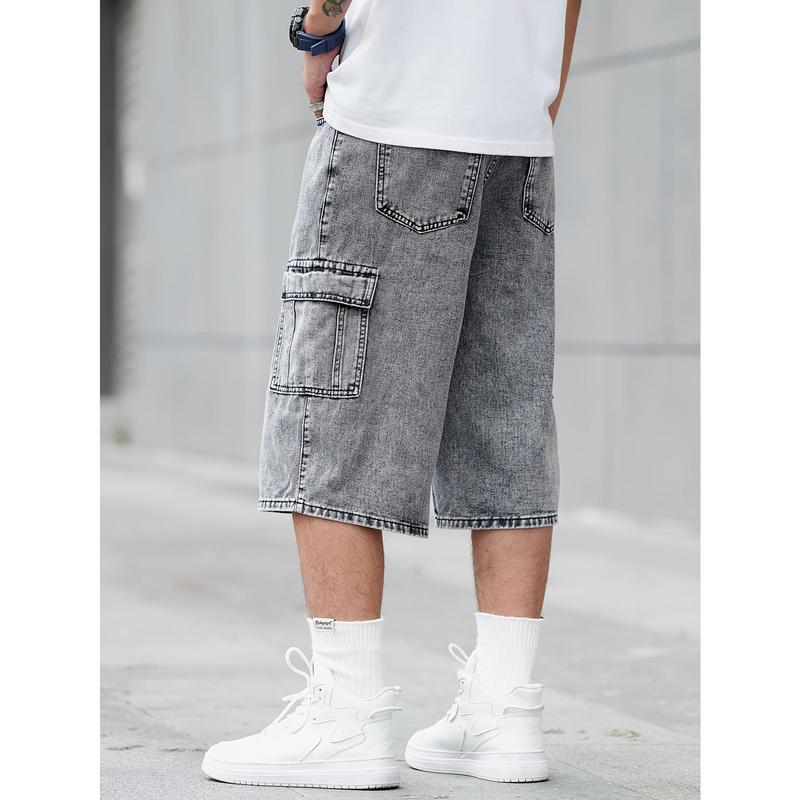 New-Summer Fashion Denim Shorts - Men's Loose Fit Casual Jeans with Flap Pockets, Versatile Jorts for Outdoor Activities - Perfect for Hot Weather Cotton Menswear Viscose Wide Leg