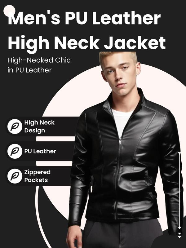 Men's Regular Fit Solid Pocket Zipper High Neck Pu Leather Jackets, Fashion Casual Long Sleeve Outerwear for Outdoor Wear, Men Cloths for All Seasons, Men Designer Jacket, Men's Clothing