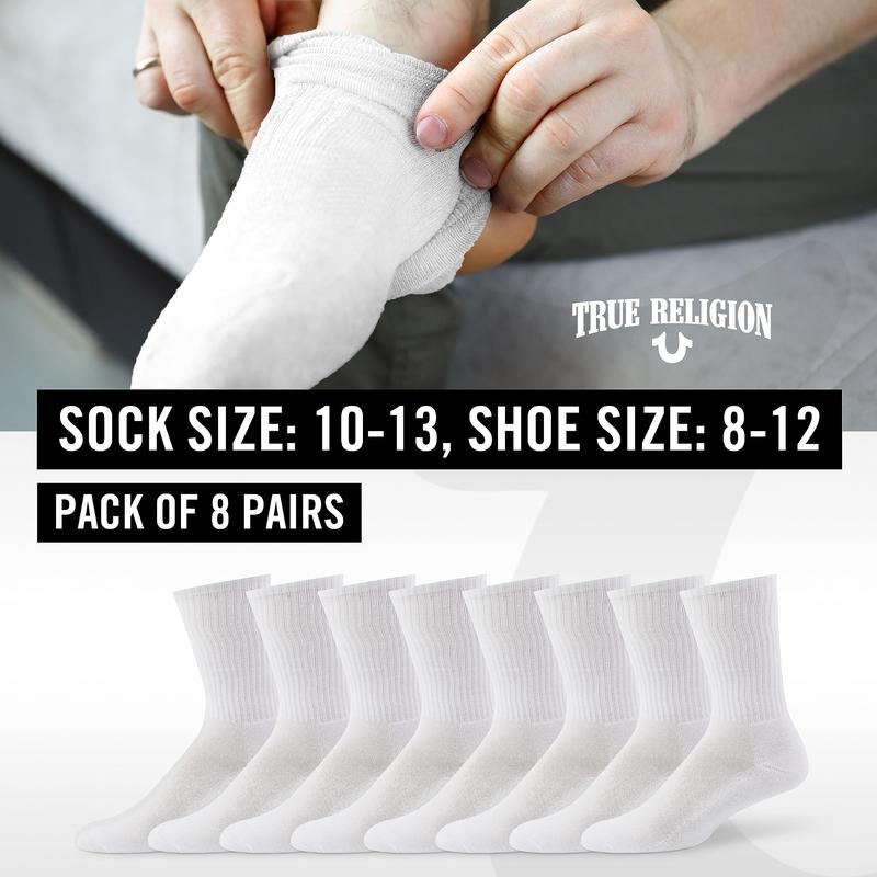 True Religion Mens Socks 8 Pairs Crew Socks for Men Premium Athletic Men's Socks, Shoe Size 8-12