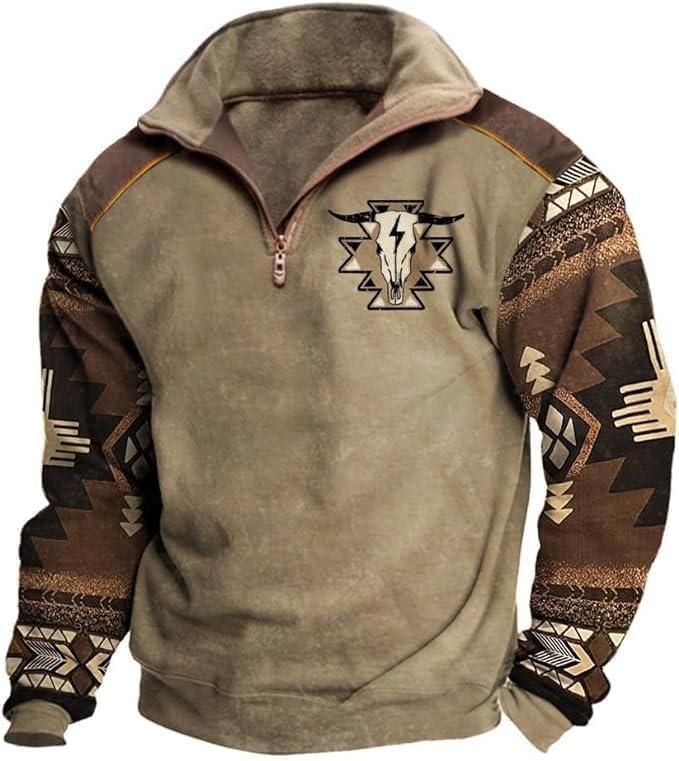 Aztec Cowboy Mens Hoodie Vintage Graphic Western Hoodies for Men Casual Long Sleeve Half Zip Pullover with Pocket Menswear Stylish