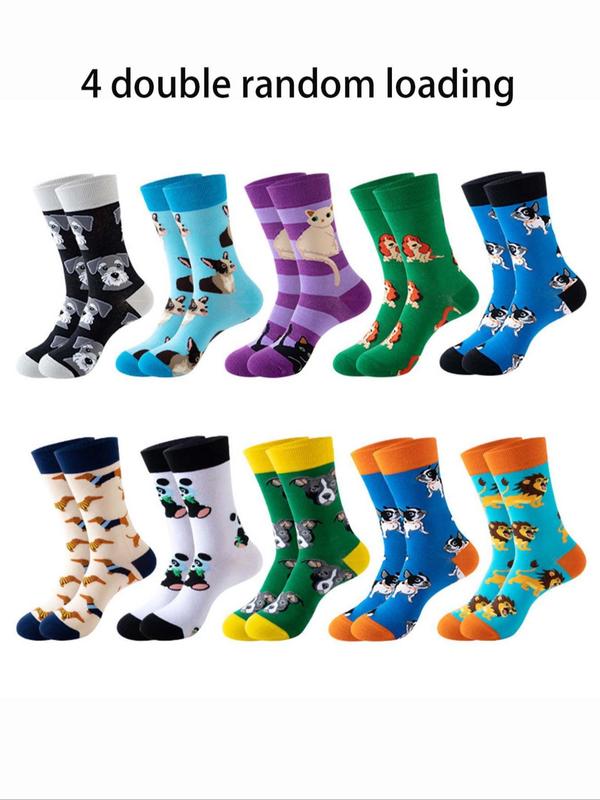 Random Men's Cartoon Animal Print Crew Socks, Casual Comfortable Breathable Socks for Daily Wear, Men's Socks for All Seasons