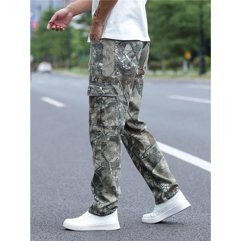 Camo Jeans Gents Men Allover Print Zipper Fly Cargo Jeans Denim Menswear Long Straight Trouser Pants