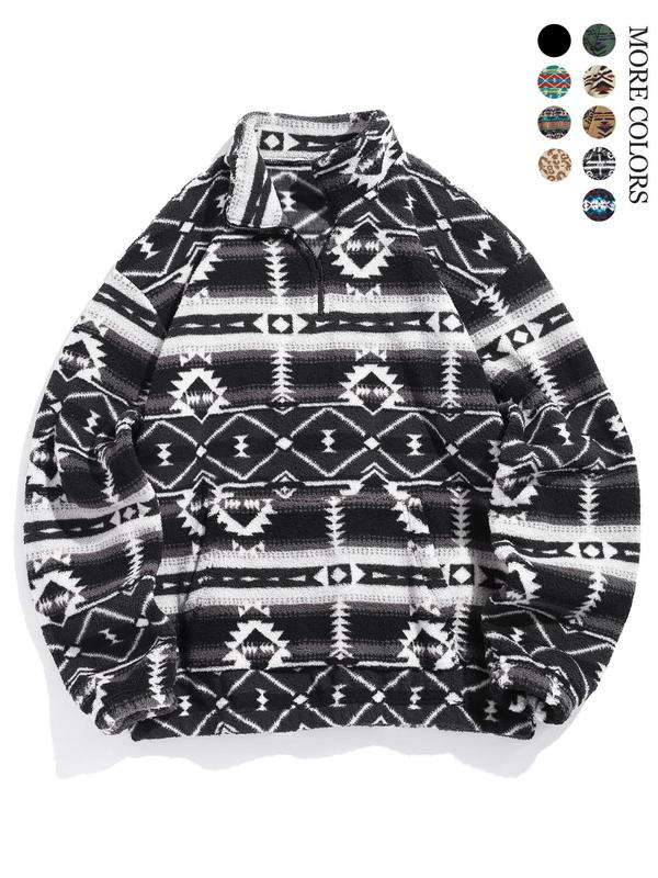 Men's Plain Ethnic Pattern Zip Up Kangaroo Pocket Plush Sweatshirt, Casual Loose Long Sleeve Drop Shoulder Sweatshirt for Fall & Winter, Fall Outfits 2024, Men's Clothes for Daily Wear