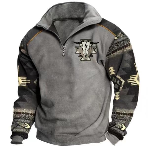 Aztec Cowboy Mens Hoodie Vintage Graphic Western Hoodies for Men Casual Long Sleeve Half Zip Pullover with Pocket Menswear Stylish