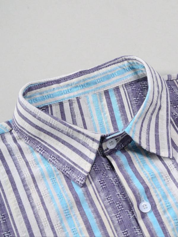 Men's Striped Print Button Front Shirt, Regular Fit Casual Short Sleeve Collared Top for Summer, Men's Clothes for Daily Wear