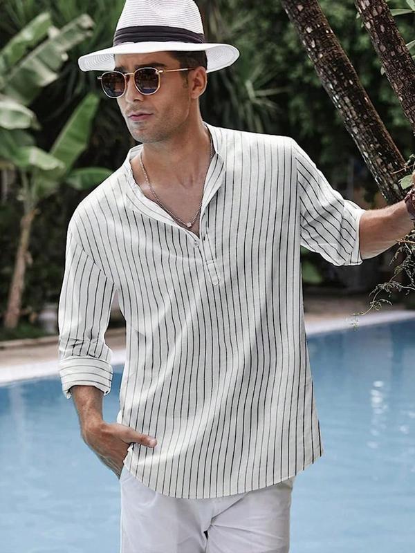 Men's Striped Print Button Shirt, Regular Fit Casual Long Sleeve Collared Top for All Seasons, Fashion Men's Clothes for Daily Wear