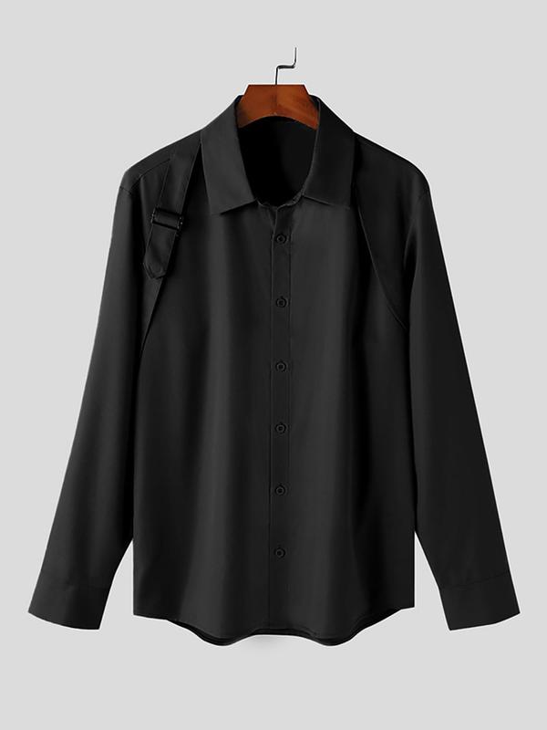 Men's Solid Buckle Decor Asymmetrical Button Front Shirt, Slim Long Sleeve Collared Top for Work Office Business, Men's Clothes for Fall & Winter