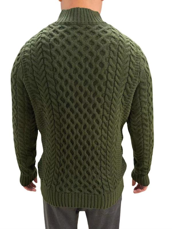 Men's Solid Textured Button Front Polo Neck Cable Knit Jumper, Regular Fit Casual Long Sleeve Jumper for Fall & Winter, Men's Knitwear for Daily Wear