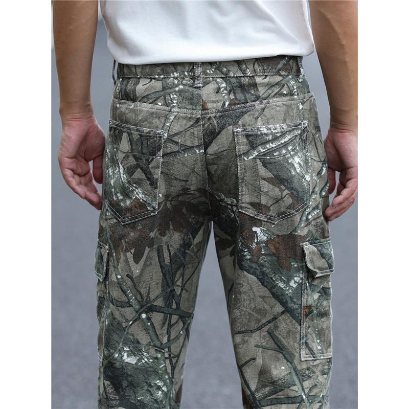 Camo Jeans Gents Men Allover Print Zipper Fly Cargo Jeans Denim Menswear Long Straight Trouser Pants