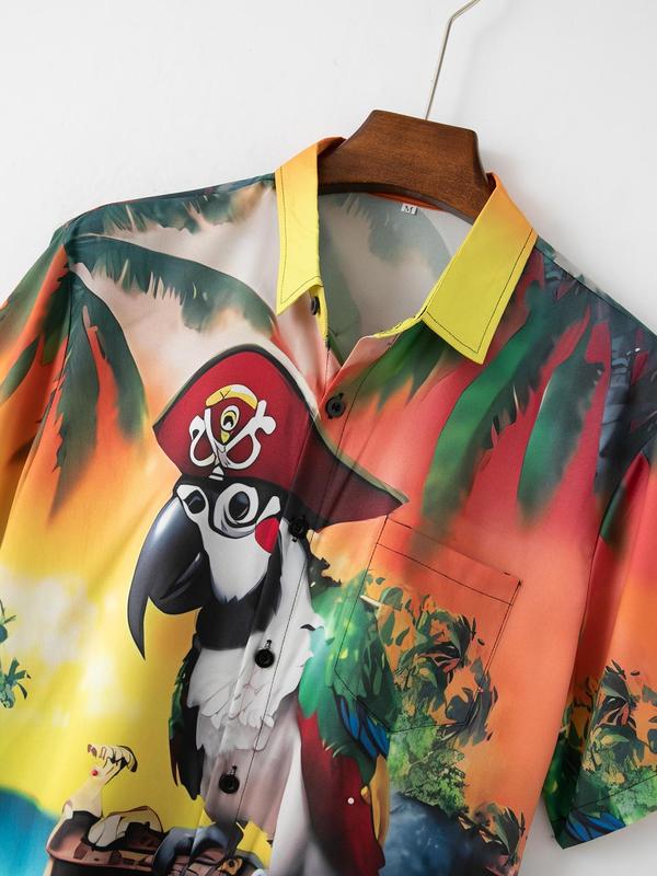 Men's Cartoon Parrot Print Pocket Button Front Shirt, Summer Clothes, Regular Fit Casual Short Sleeve Collared Top for Summer, Men's Clothes for Beach Vacation