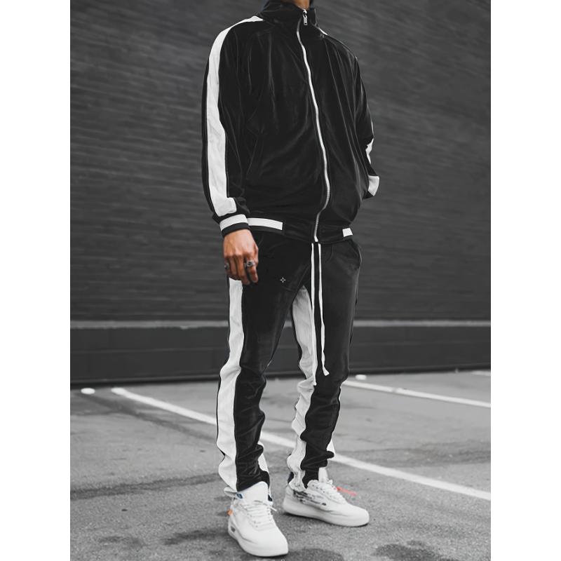 Classic Velvet Men's Athletic 2Pcs Tracksuit Set Casual Full-Zip Sweatsuits Long Sleeve Jacket And Jogging Pants Set For Gym Workout Running