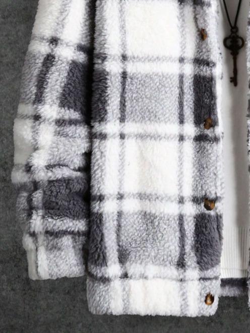 Men Plaid Pattern Teddy Jacket Without Sweater Menswear Tops Coats Casual Collar Stylish Long Sleeve