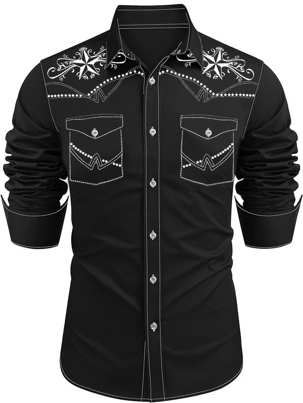 Daupanzees Men's Western Cowboy Shirts Long Sleeve Embroidered Shirts Slim Fit Casual Button Down Shirt with Pockets