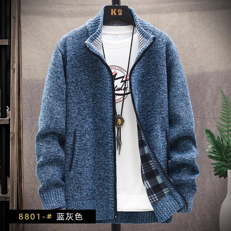 Men's Fleece-lined Thickened Sweater Coat Autumn and Winter New Casual Outerwear Knitwear plus Size Solid Color Stand Collar Top