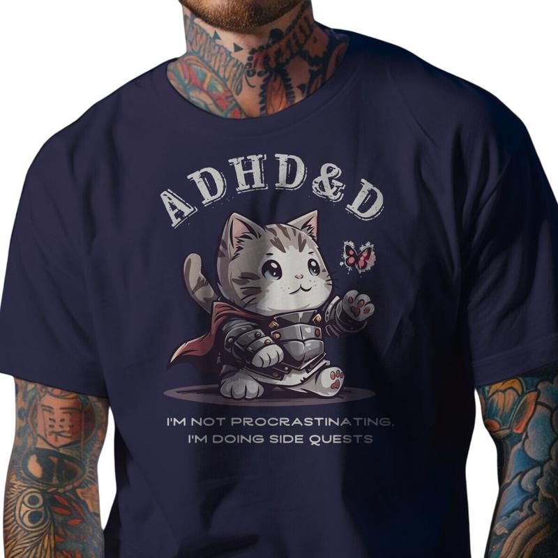 Dungeons and Dragons Adhd&d I'm Not Procrastinating I'm Doing Side Quests Cat T-Shirt, Dnd Vintage Tee