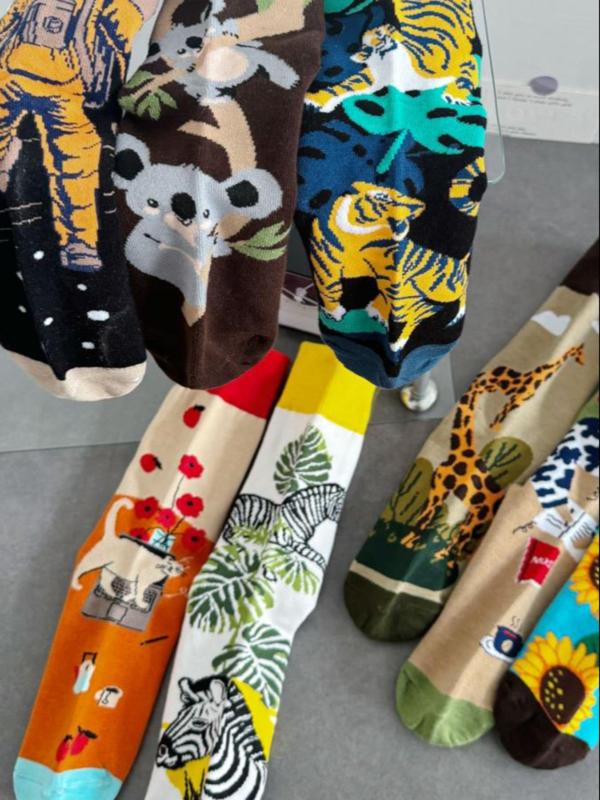 Men's Random Animal Print Crew Socks, 2024 New Style Casual Comfortable Breathable Crew Socks for Women Men Daily Wear, Men's Socks for All Seasons