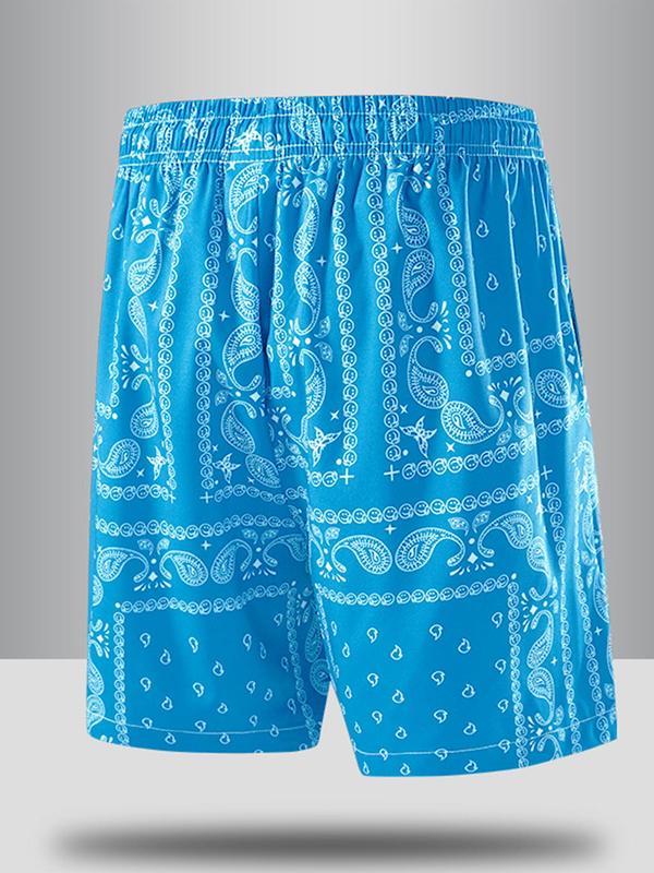 Men's Paisley Print Drawstring Waist Shorts Set, Summer Clothes for Men, Back To School Outfits, Boho Casual Pocket Elastic Waist Beach Shorts, Summer Bottoms for Men, Menswear, Shorts for Men, Summer Outfits 2024