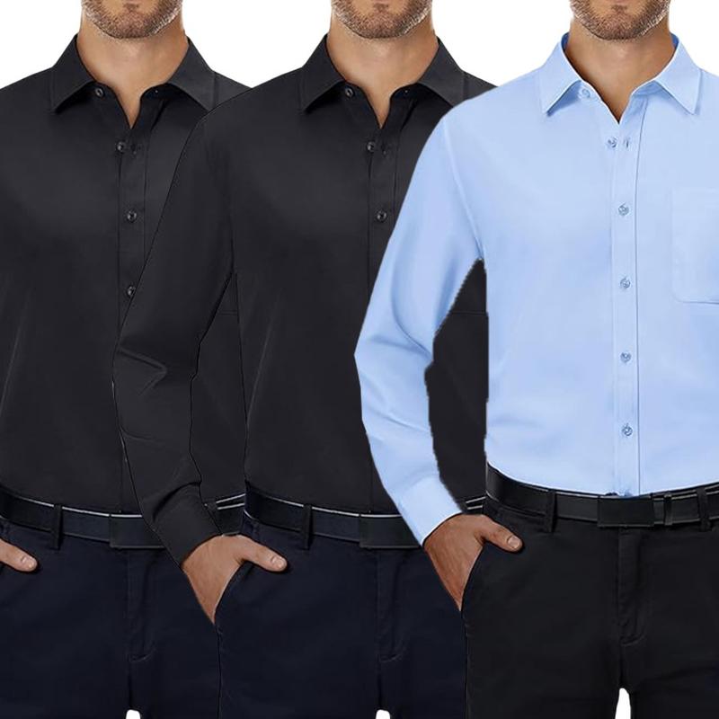 3-Pack Alimens&Gentle Mens  Dress Shirts 4-way Streth Long Sleeve Collared Solid Wedding Dating Button Down Shirts