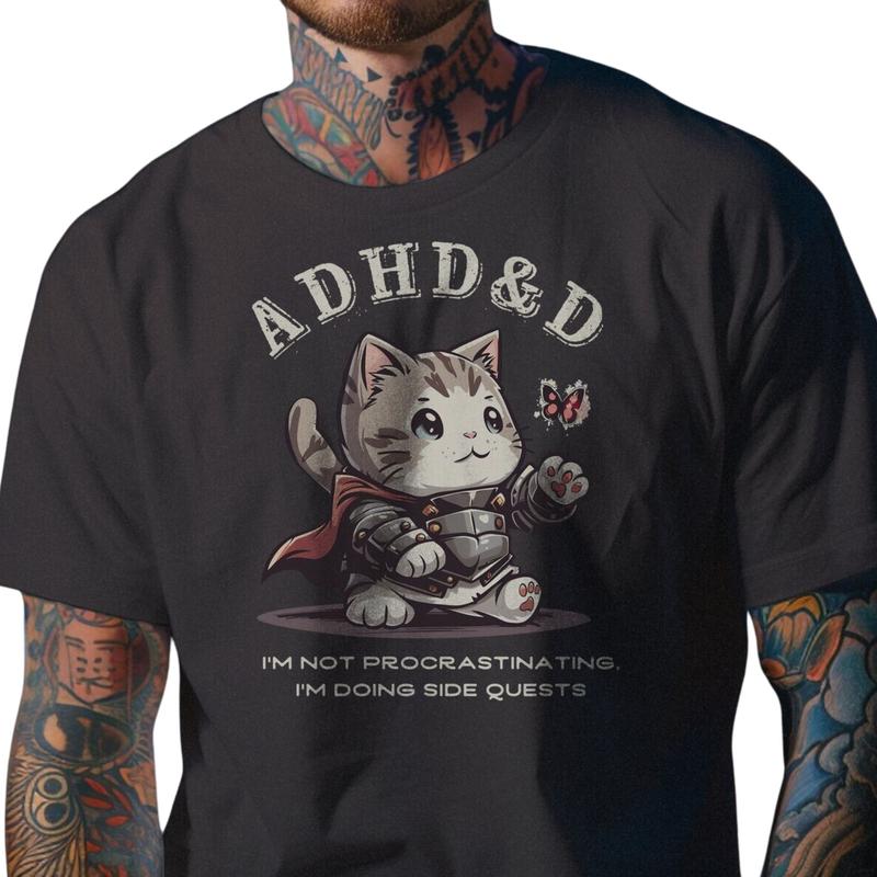 Dungeons and Dragons Adhd&d I'm Not Procrastinating I'm Doing Side Quests Cat T-Shirt, Dnd Vintage Tee