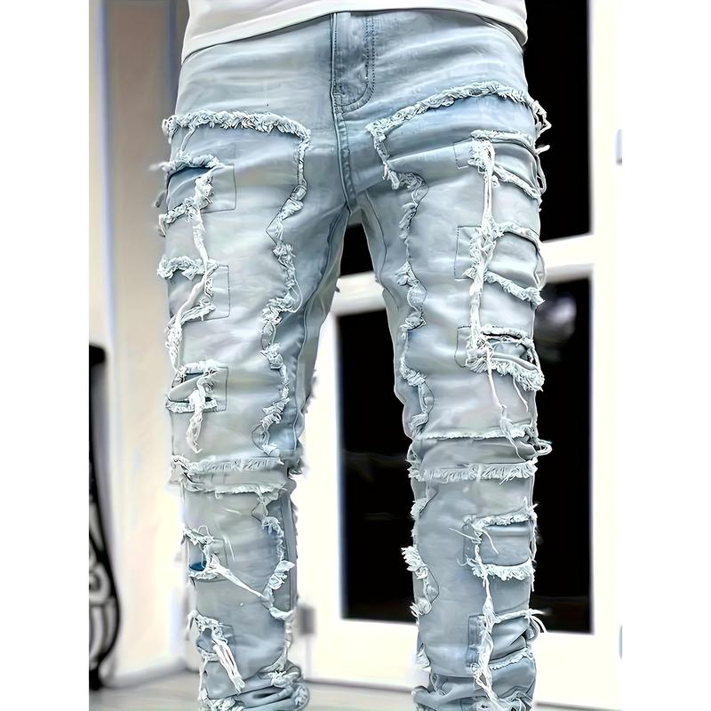 Mens Fashionable Straight Leg Tassel Jeans - Medium Stretch, Casual Street Style, Hip Hop Barrel Design, Comfortable Fit for All Seasons, Versatile and Trendy