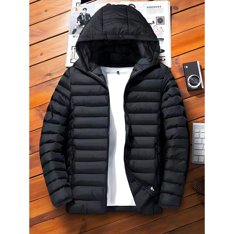 Men's Premium Loose Fit Solid Puffer Coat - Breathable, Water-Resistant, Zip-Up, Long Sleeve, Warm, Hooded, Casual Jacket with Multiple Pockets for Winter Outdoor Activities and Daily Wear