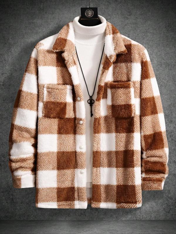 Men's Plaid Print Button Front Pocket Fuzzy Jacket, Loose Casual Long Sleeve Collared Outerwear for Fall & Winter, Men's Clothes for Daily Wear