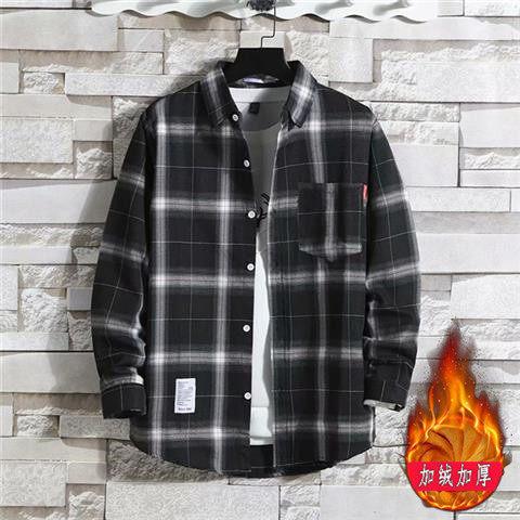 2024 Fleece-lined Thick Warm Shirt Men's Plaid Casual Shirt Brushed Youth Korean Slim-Fit Fleece Shirt Halloween