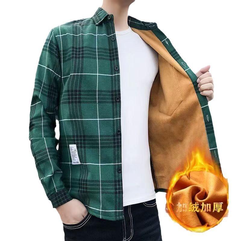 2024 Fleece-lined Thick Warm Shirt Men's Plaid Casual Shirt Brushed Youth Korean Slim-Fit Fleece Shirt Halloween