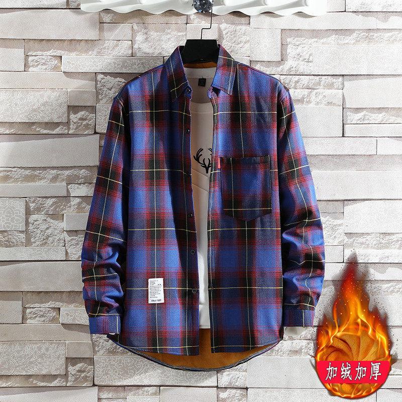 2024 Fleece-lined Thick Warm Shirt Men's Plaid Casual Shirt Brushed Youth Korean Slim-Fit Fleece Shirt Halloween