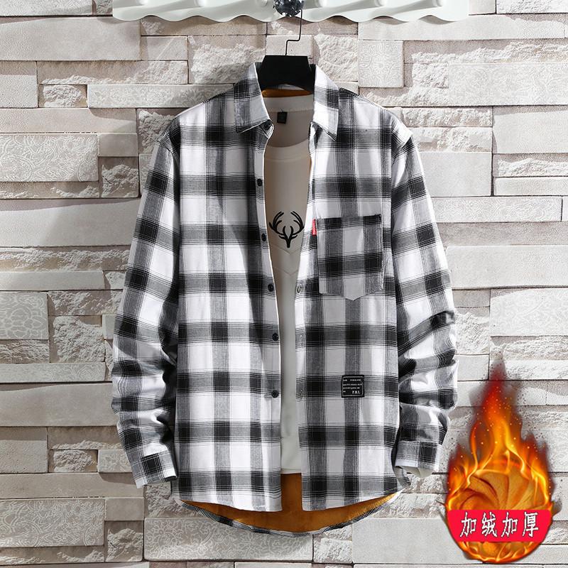 2024 Fleece-lined Thick Warm Shirt Men's Plaid Casual Shirt Brushed Youth Korean Slim-Fit Fleece Shirt Halloween