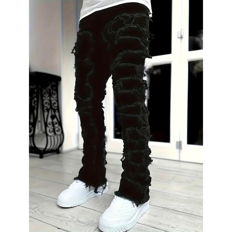 Mens Fashionable Straight Leg Tassel Jeans - Medium Stretch, Casual Street Style, Hip Hop Barrel Design, Comfortable Fit for All Seasons, Versatile and Trendy