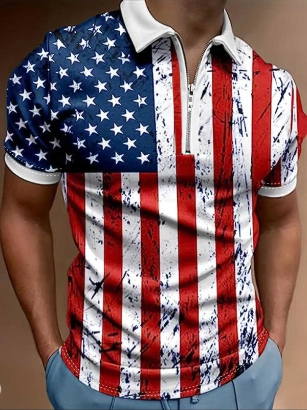 Men's Regular Fit Flag Print Half Zip Polo Shirt, Casual Short Sleeve Collar Top for Daily Outdoor Wear, Fashion Men's 4th Of July Streetwear for All Seasons