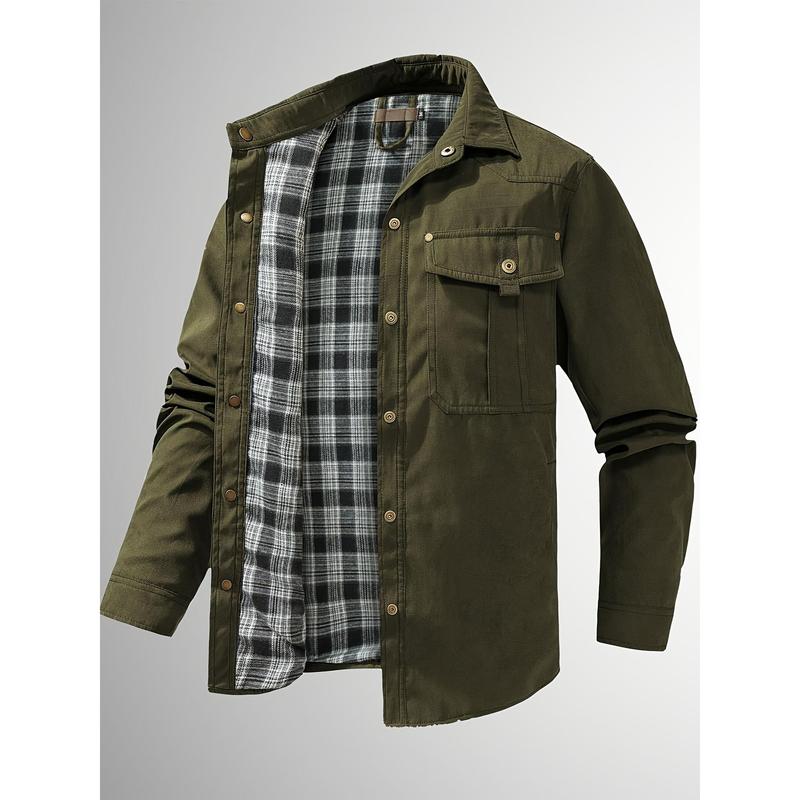 Men's casual flannel shirt jacket-lightweight cotton blend, solid color, long sleeve with button-down front for spring & Fall