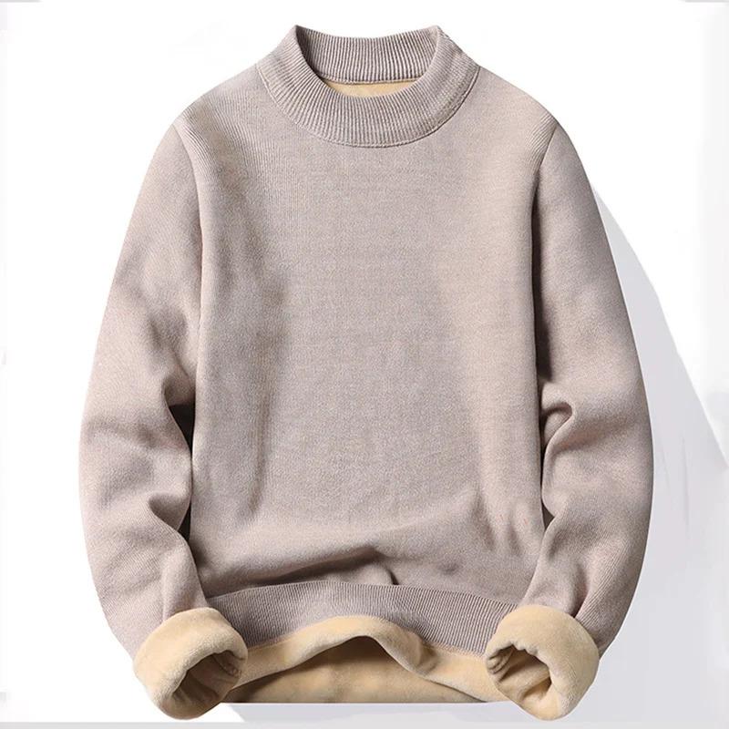 Winter New Men's Knitted Sweater with A Half High Collar Solid Color Plush and Warm Knitted Lining Top  Casual and Versatile Top