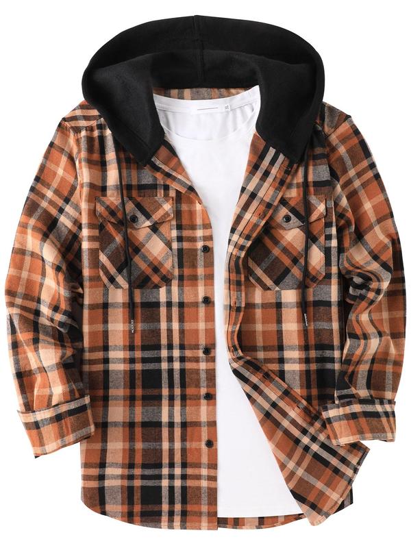 Men's Plaid Print Button Front Drawstring Hooded Shirt, Regular Fit Casual Pocket Jackets, Long Sleeve Outerwear for Fall, Men's Clothes for Daily Wear