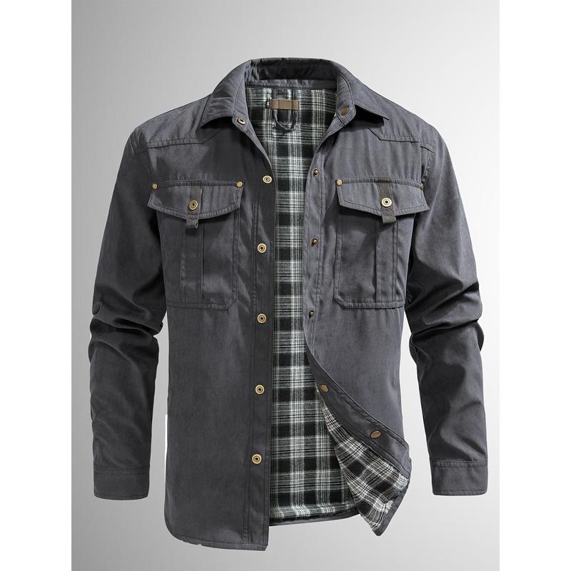 Men's casual flannel shirt jacket-lightweight cotton blend, solid color, long sleeve with button-down front for spring & Fall