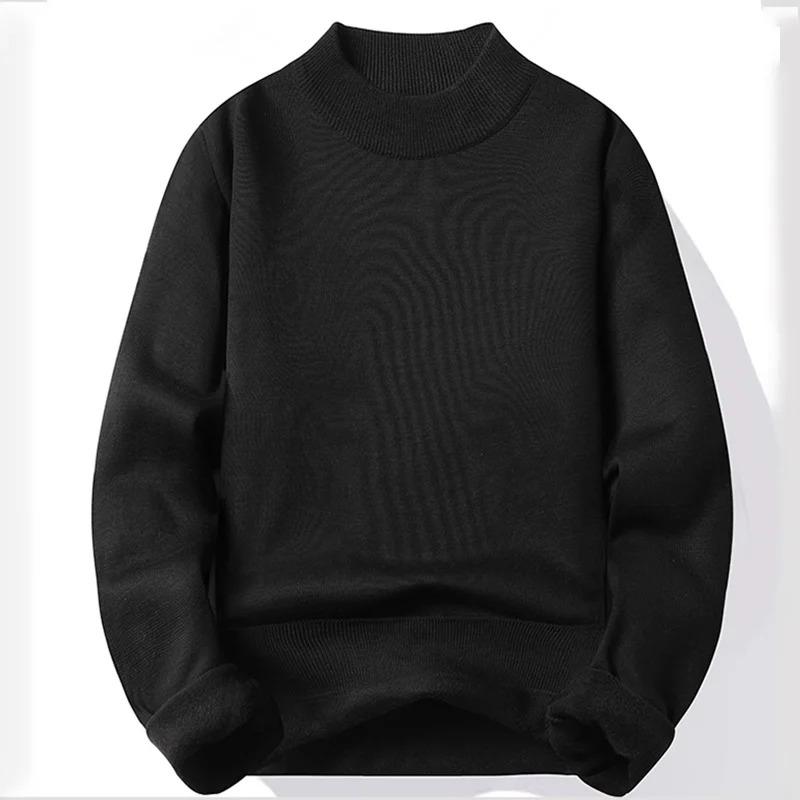 Winter New Men's Knitted Sweater with A Half High Collar Solid Color Plush and Warm Knitted Lining Top  Casual and Versatile Top