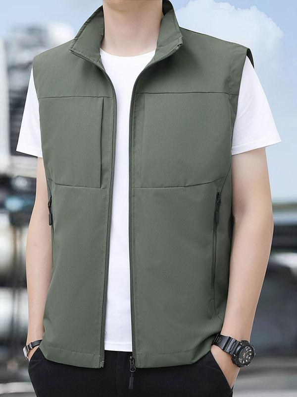 Men's Solid Zip Up Collared Waistcoat, Regular Fit Casual Comfy Breathable Waterproof Sleeveless Outerwear for Spring & Fall, Fashion Men's Clothes for Daily Wear