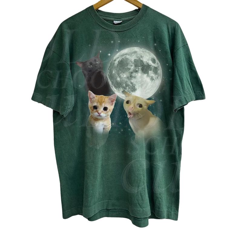 Three Cats Retro Moon Graphic T-shirts, Vintage Cat Moon Tshirt, Oversized Washed Tee, Cat Meme T Shirt, Weird Tee, Cat Lovers, Funny Cat Tee Menswear Top Underwear Streetwear Crewneck Tropical