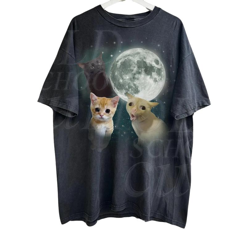 Three Cats Retro Moon Graphic T-shirts, Vintage Cat Moon Tshirt, Oversized Washed Tee, Cat Meme T Shirt, Weird Tee, Cat Lovers, Funny Cat Tee Menswear Top Underwear Streetwear Crewneck Tropical